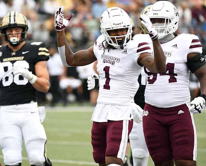 Mississippi State Bulldogs cornerback Martin Emerson (1) after a defensive stop during the first half against the Vanderbilt Commodores at Vanderbilt Stadium.